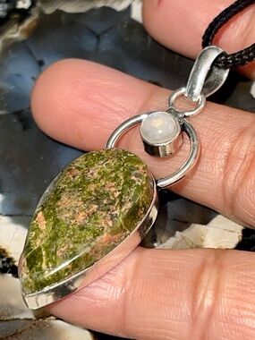 Unakite Jasper & Rainbow Moonstone Crystal Pendant 2 1/4”